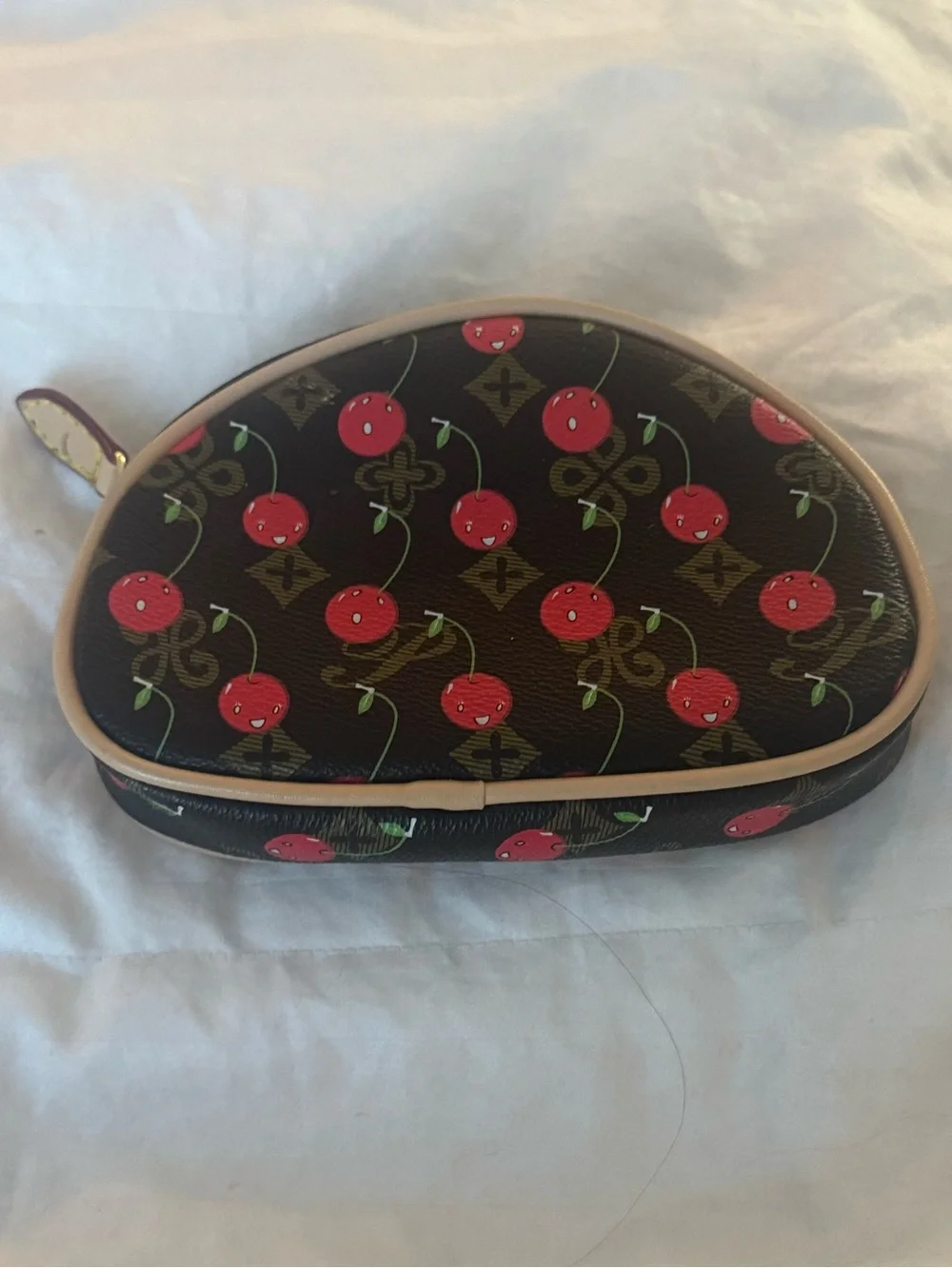 Cherry Print Monogram Dome Cosmetic Pouch Brown Makeup Bag